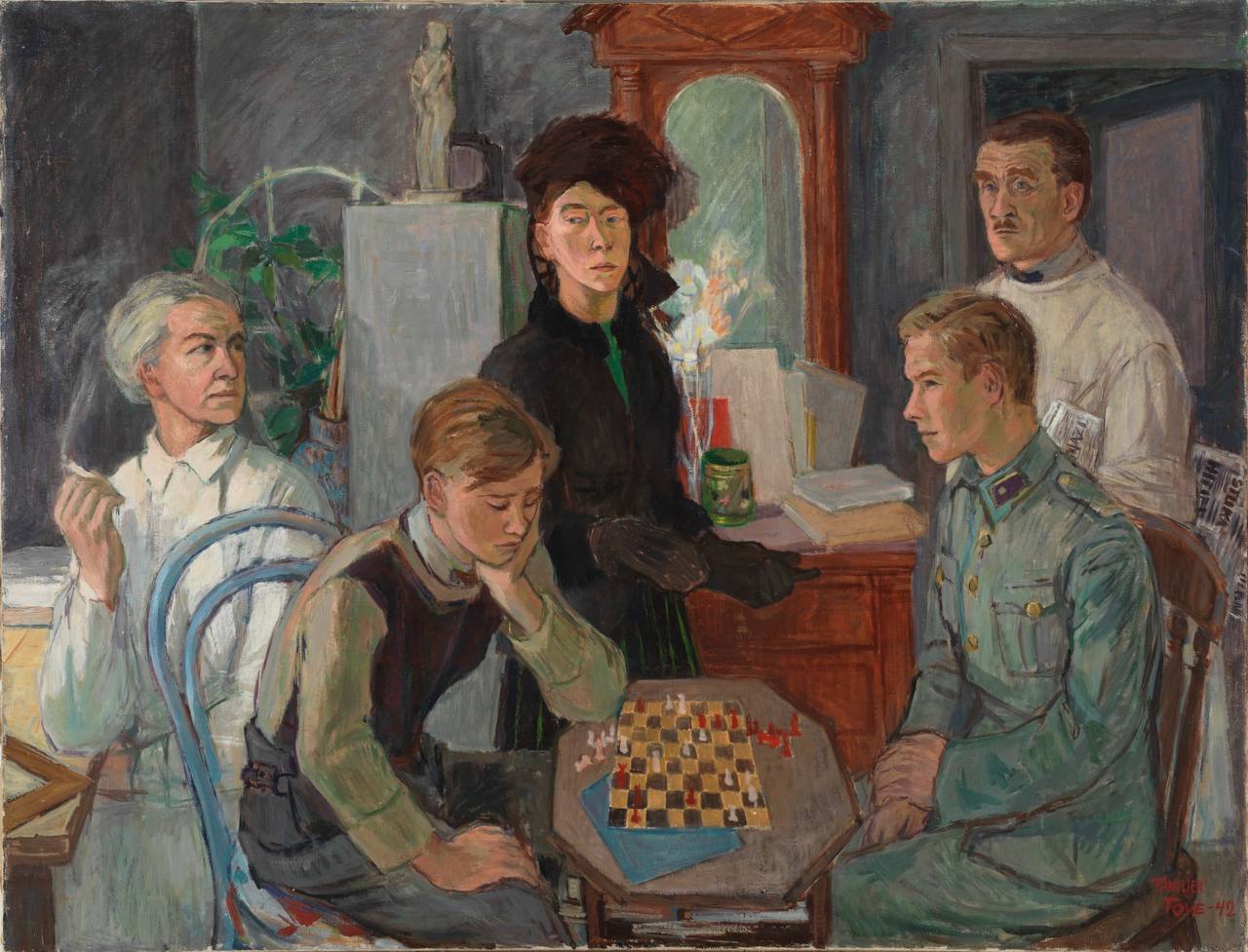 Иллюстрация: Туве Янссон, «Семья», 1942. Автопортрет самой Туве — в центре. Внимание на композицию, «кто с кем»; направление взглядов; газету у отца под мышкой.